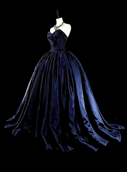 Robe de bal vintage bleu marine en tulle, décolleté cœur, style années 80, robe de soirée formelle, robe de bal longue N1755
