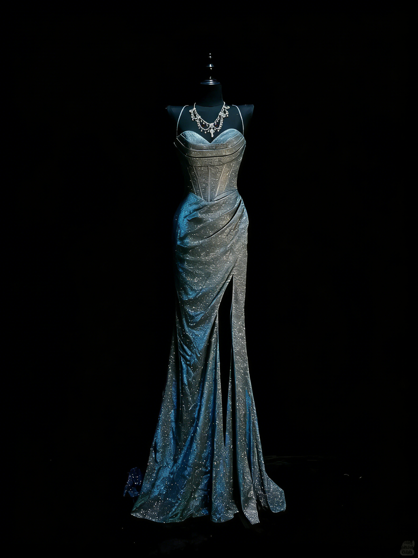 Elegantes, marineblaues Pailletten-Abendkleid mit Spaghettiträgern im Meerjungfrauenstil – perfekt für Partys, Abschlussbälle und Hochzeiten (Modell N926)