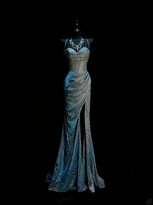 Elegantes, marineblaues Pailletten-Abendkleid mit Spaghettiträgern im Meerjungfrauenstil – perfekt für Partys, Abschlussbälle und Hochzeiten (Modell N926)