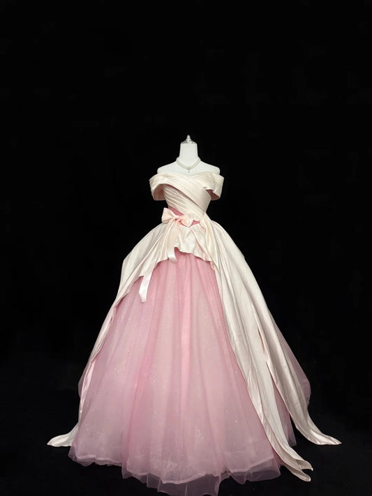 Tulle Prom Dress Long Floor Length Ball Gown Off Shoulder Pink With Sleeves Formal Evening Gown For Women RC0259