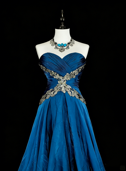 Robe de bal longue vintage en mousseline bleue Sweethart, coupe trapèze, N1824