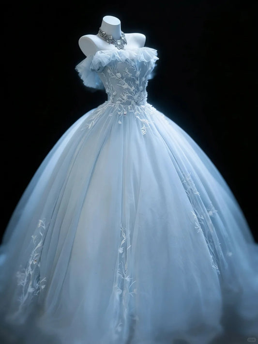 Bescheidene Ballkleider für den Abschlussball, trägerlos, hellblau, Tüll mit Applikationen, langes Quinceañera-Kleid N3052