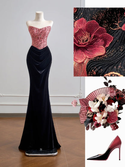 Flattering Mermaid Strapless Pink Satin With Velvet Black Prom Dresses Long Evening Formal Birthday Party Gowns N382