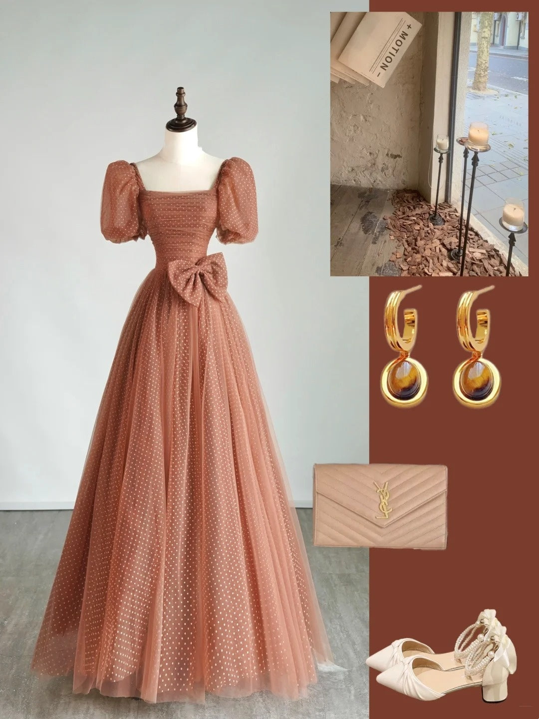 Robe de bal modeste en tulle à pois, col carré et coupe trapèze, inspiration robe de princesse N765