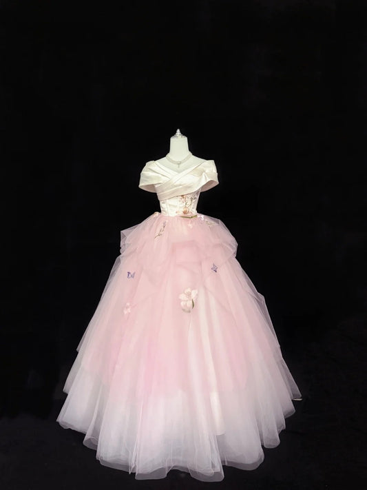 Cute Sweet 16 Dresses Long Ball Gown Off Shoulder Pink Tulle Formal Sweet Sixteen Birthday Gown RC0249