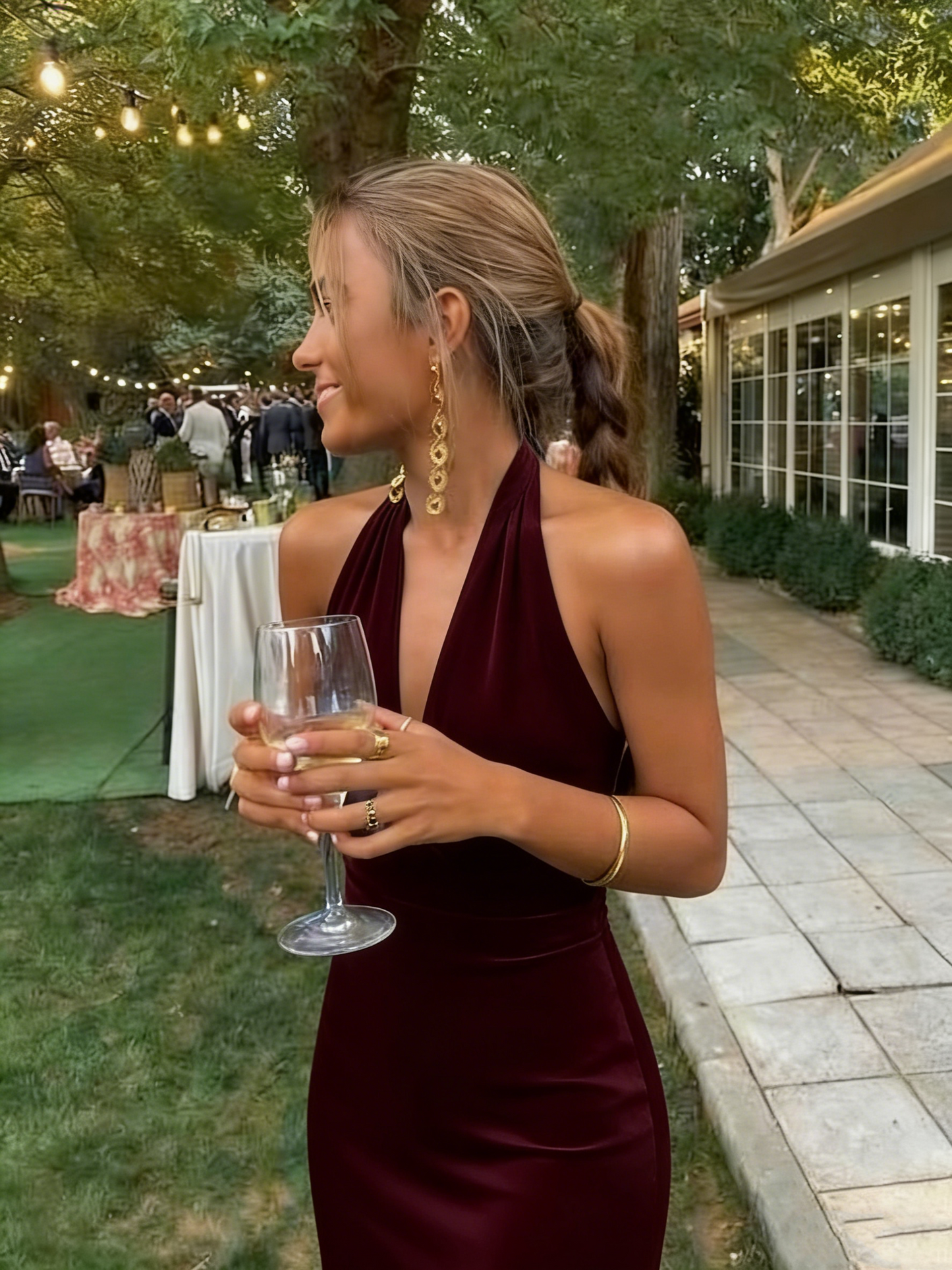 Einfaches, langes, blaues Neckholder-Abendkleid in A-Linie für Damen AB1554