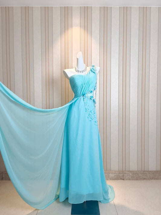 Vintage Ballkleider A-Linie One Shoulder Blau Chiffon 80er Jahre Mit Blumen Lange Formelle Abendgarderobe N4217