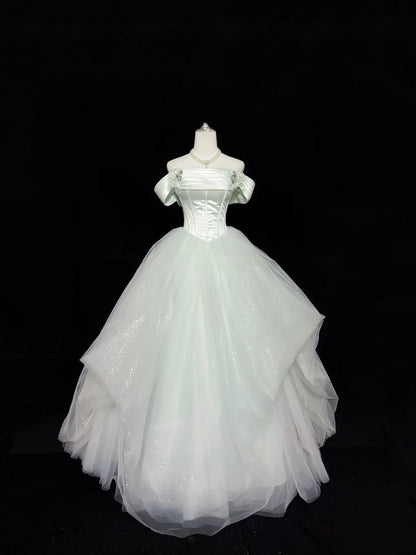 Prom Dress Long Floor Length Ball Gown Off Shoulder Tulle Sage Green With Sleeves Formal Evening Gown For Women RC0305