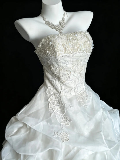 Vintage Brautkleider Ballkleid Trägerlos mit Perlen Sommer Langes Hochzeitskleid N4212