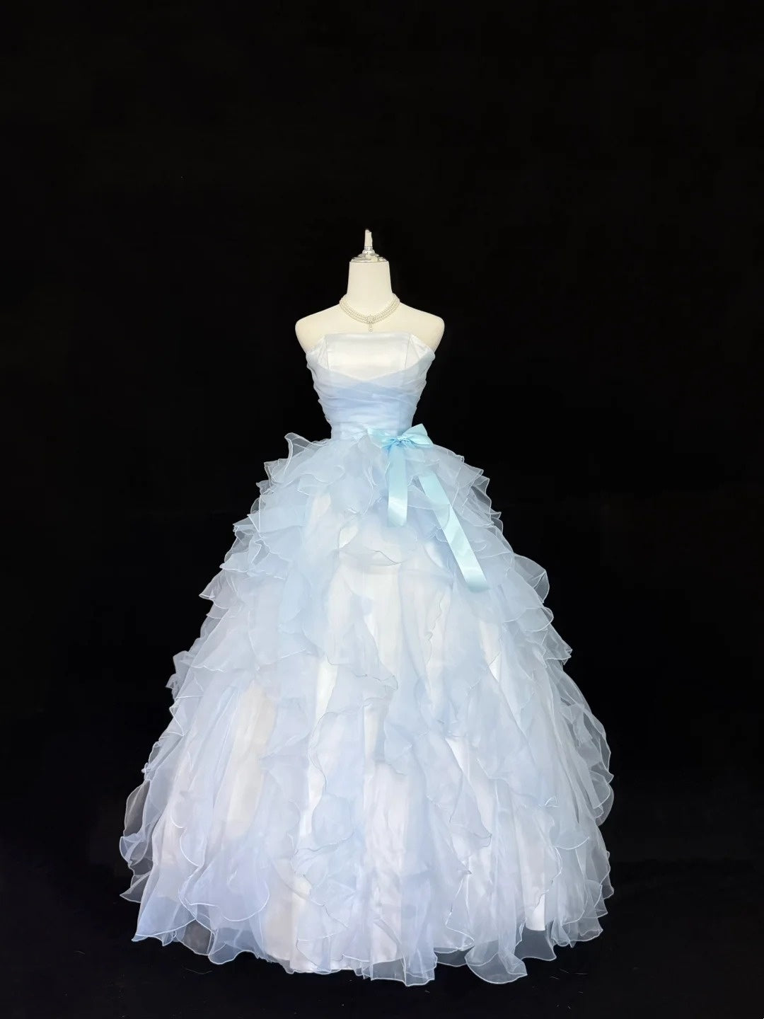 Light Sky Blue Prom Dress Long Floor Length Ball Gown Strapless With Tiered Layers Formal Evening Gown For Women RC0227