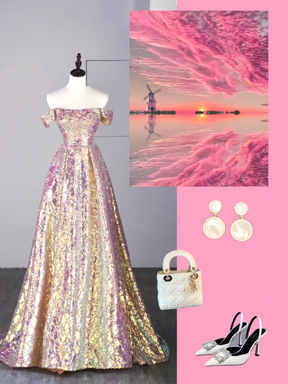 New Ball Gown Strapless Sequins Short Sleeves Long Prom Dresses For High School Teens Girls Formal Bridesmaid Dress N1072