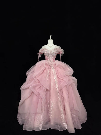 Rosa langes Ballkleid für den 16. Geburtstag, schulterfrei mit gerüschter Pailletten-Spitze, Modell RC0235