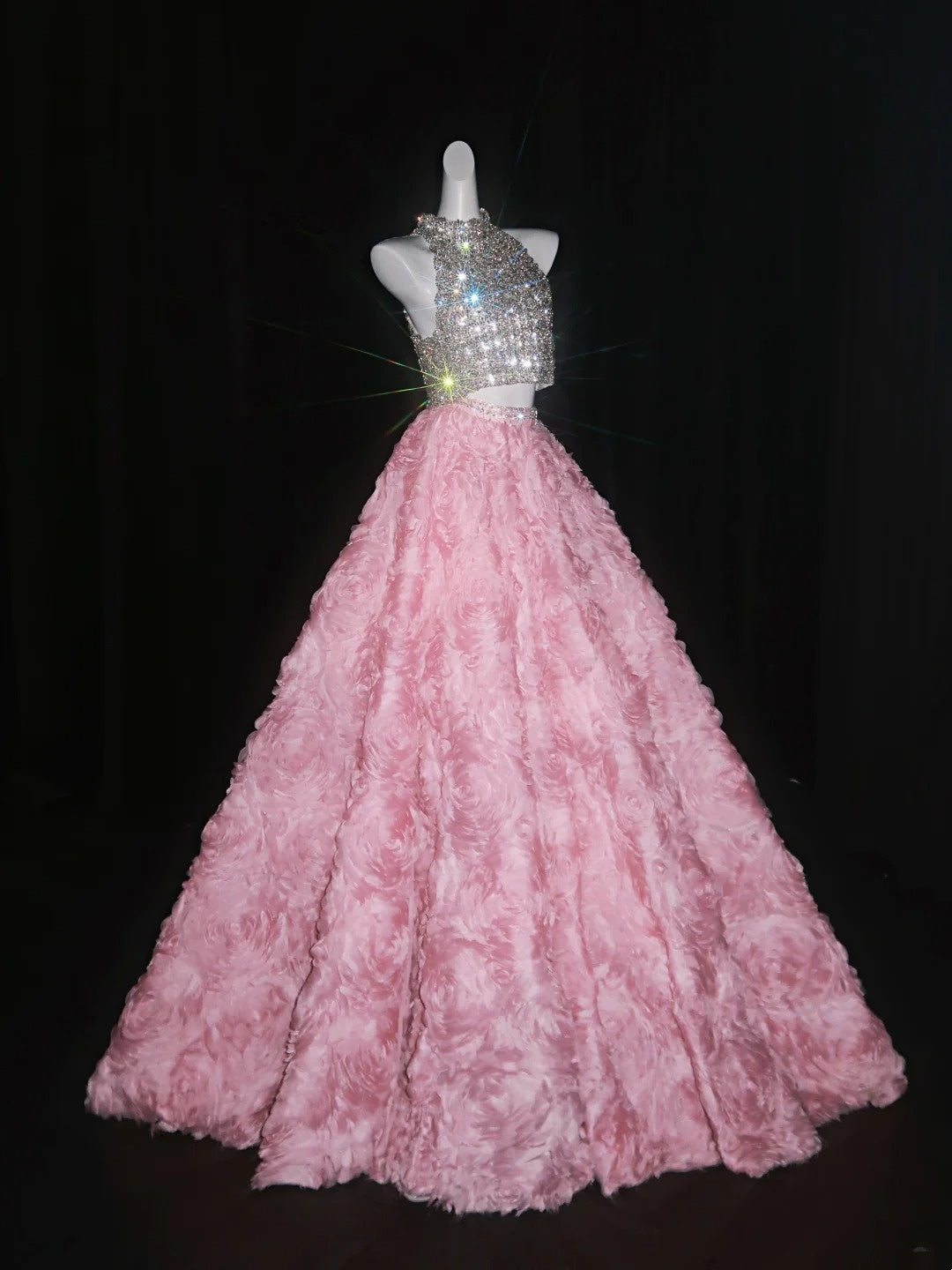 Robe de bal princesse 2 pièces, col montant, sequins argentés, fleurs roses, longue, robe de soirée formelle, robe de bal de fin d'année 18 ans N739
