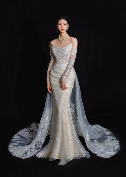 Robe de mariée longue et romantique blanche sirène sans bretelles en dentelle, avec traîne, AB2474