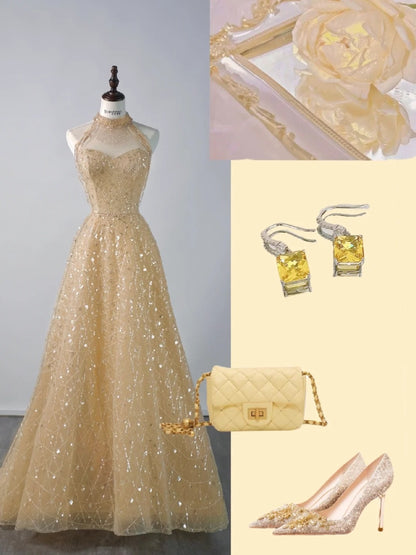Robe de bal longue à paillettes jaunes, col montant, pour lycéennes (N1290)