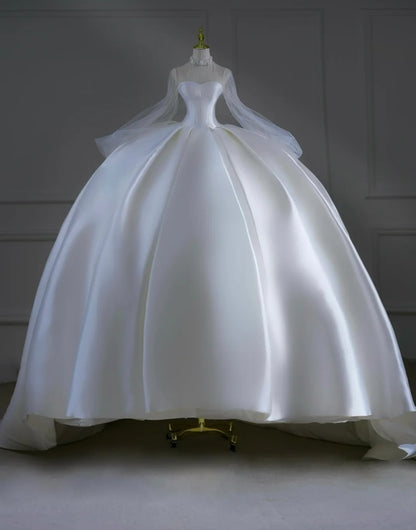 Robe de mariée intemporelle, robe de bal, col montant, satin perlé, traîne courte, robe de mariée longue ajustée AB2521