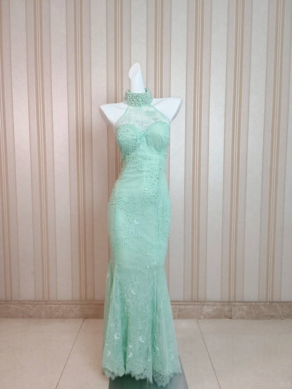 Modest Mermaid High Neck Mint Green Lace Evening Dresses Night Date Prom Dress N4483