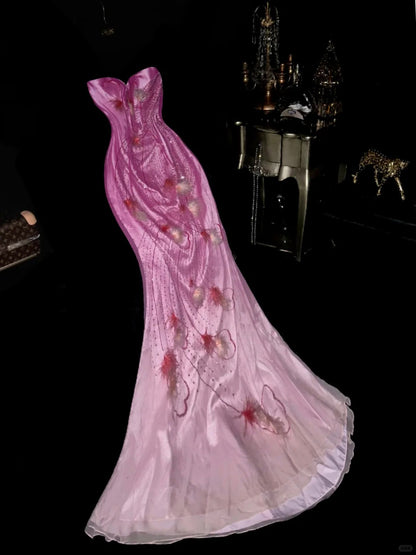 Vintage Mermaid Sweetheart Pink Tulle With Flowers Beading Long Prom Dresses Formal Outfits Evening Night Gown RB8144