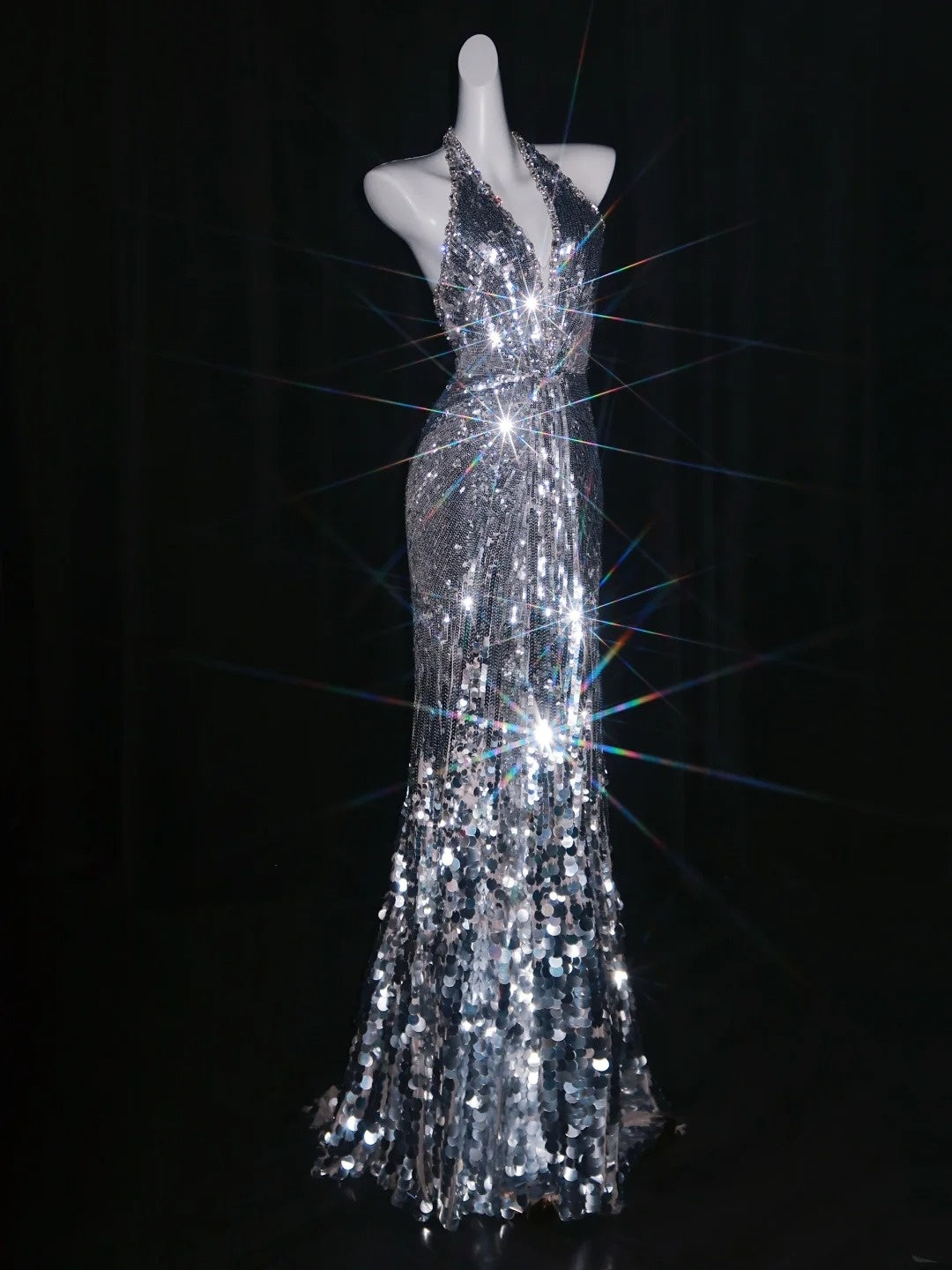 Robe de bal longue sirène grise à sequins et bretelles dos nu, tenue de soirée formelle N1075