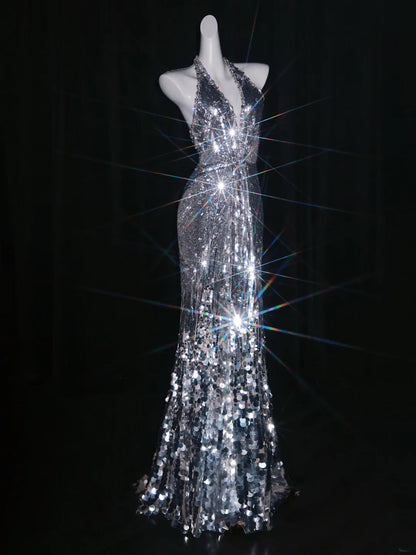 Robe de bal longue sirène grise à sequins et bretelles dos nu, tenue de soirée formelle N1075