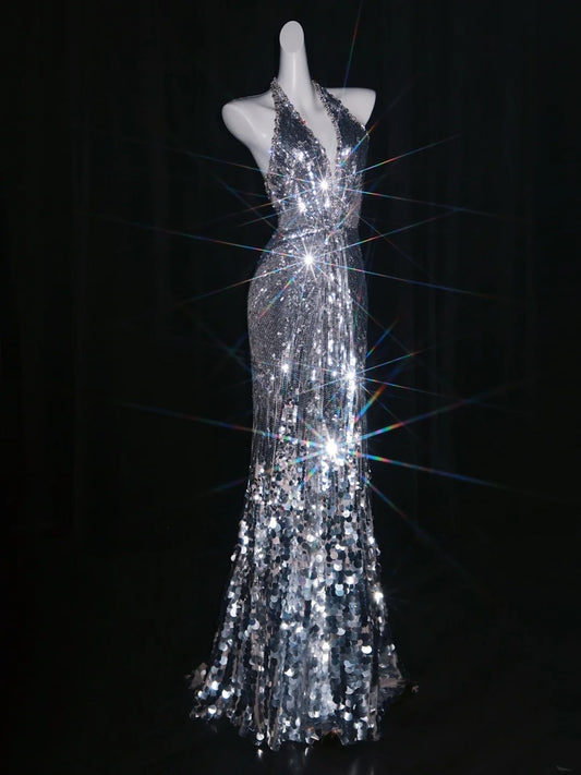 Robe de bal longue sirène grise à sequins et bretelles dos nu, tenue de soirée formelle N1075