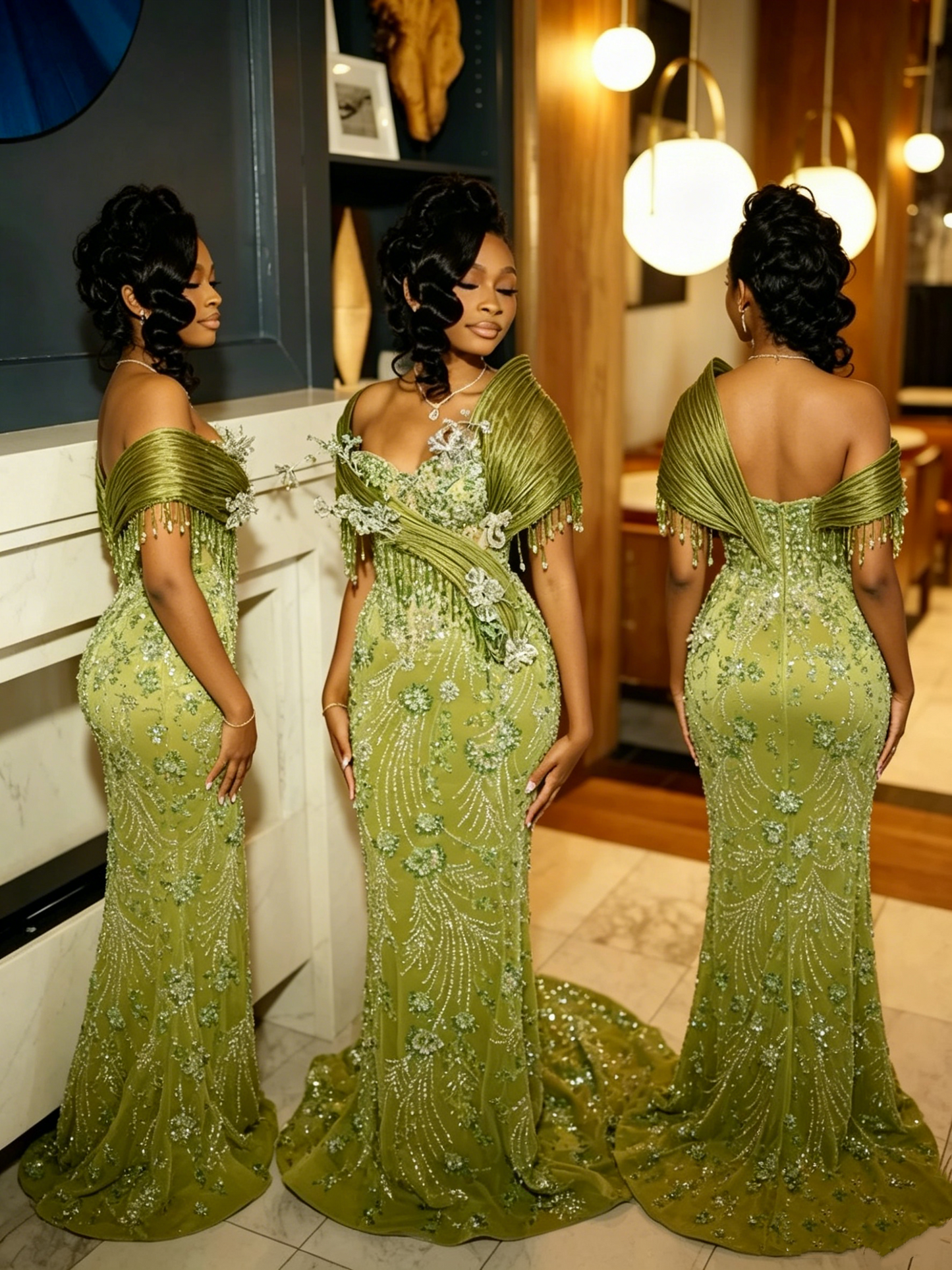 Robe de soirée longue élégante verte à sequins étincelants, coupe sirène moulante pour femme N4084