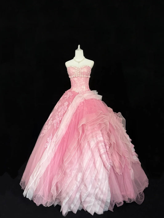 Sweet 15 Quinceanera Dress Ball Gown Sweetheart Pink With Lace Appliques Tulle 15th Birthday Gown RC0254