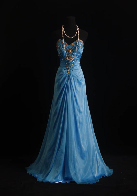 Vintage Ballkleider Meerjungfrau Sweetheart Blau Chiffon 80er Jahre Mit Rüschen Goldperlen Lang Formelle Abendgarderobe N4215