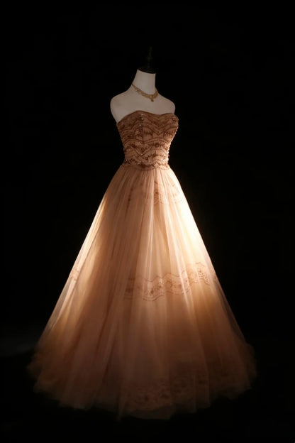 Robes de bal de promo modestes sans bretelles en tulle champagne avec perles longue robe de Quinceañera N2974