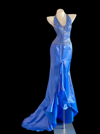 Glitzernde Meerjungfrauen-Neckholder Königlich Blau High-Low Lange Ballkleider Inspo Abend-Outfits RB4016