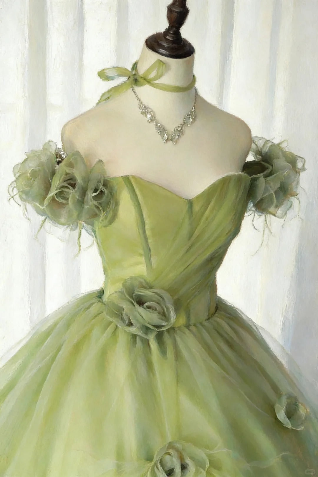 Robes de bal modestes robe de soirée épaules dénudées tulle vert sauge avec manches longue robe de quinceañera N2968