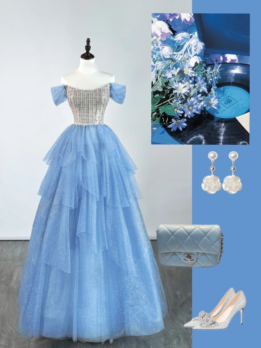 Robe de bal princesse à épaules dénudées en tulle bleu, tenue de soirée pour le lycée, robe de fin d'année pour adolescentes N1347