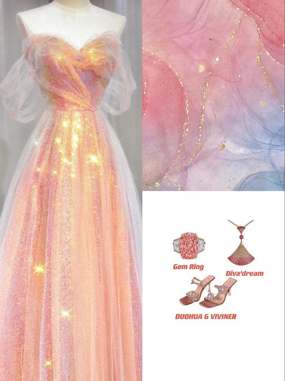 Magnifique robe de soirée longue rose à sequins, coupe trapèze, épaules dénudées et manches courtes, référence N721