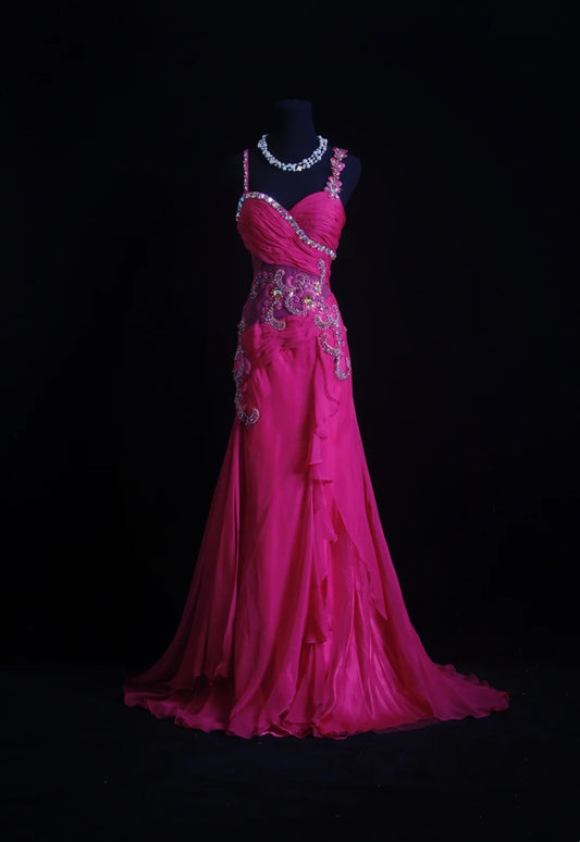 Glitzernde Meerjungfrauen-Abschlussballkleider mit Spaghettiträgern, heißrosa Chiffon mit Perlen, Abendkleid, langes Ballkleid RB3261