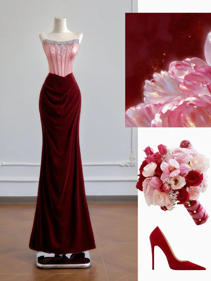 Romantic Mermaid Strapless Pink Top Satin Burgundy Velvet Long Prom Dresses Impress 18th Birthday Outfits Party Gown N393