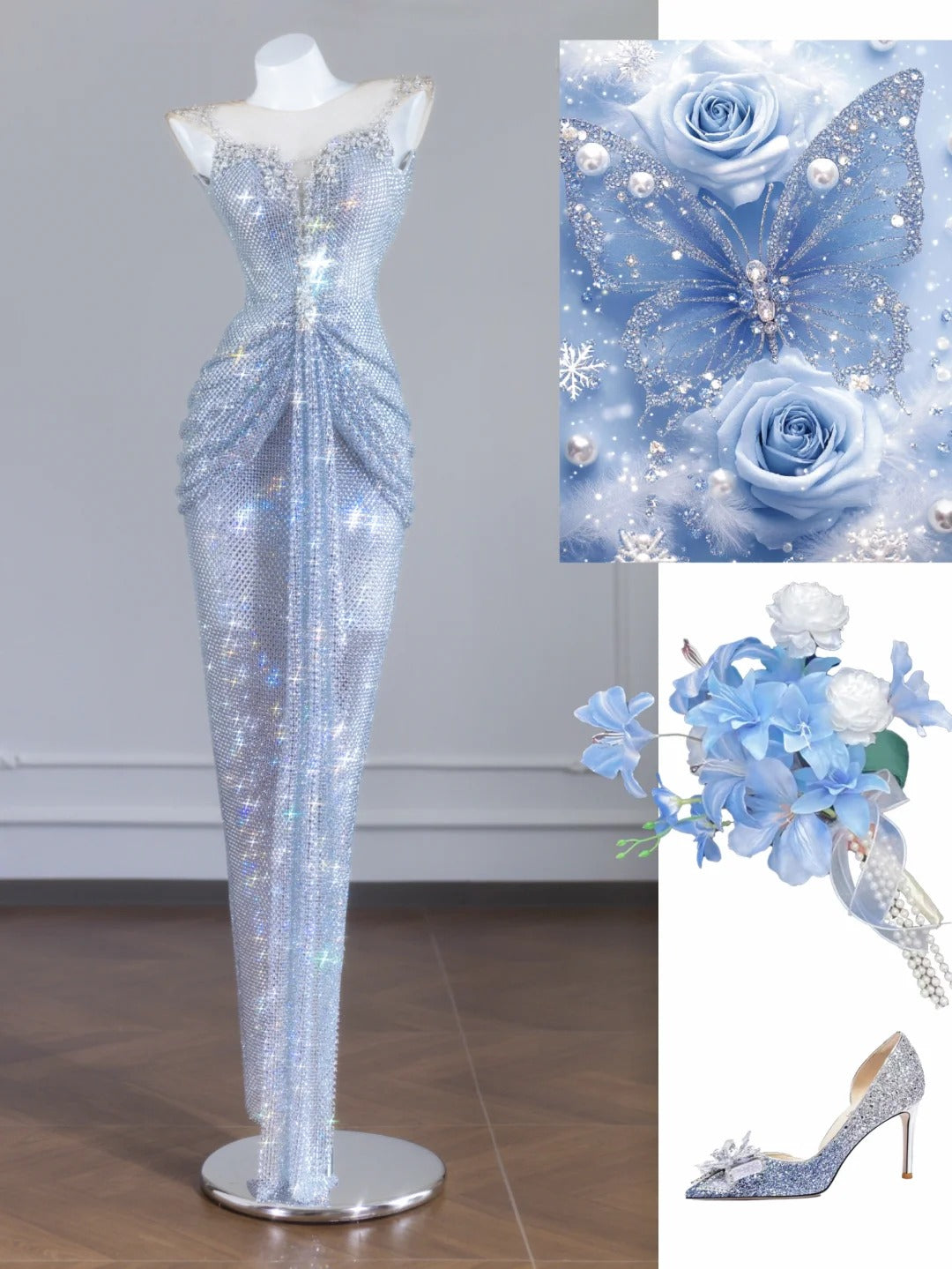 Robe de bal longue sirène à paillettes argentées et perles, col rond, style sirène, idéale pour les fêtes et les anniversaires (N406)