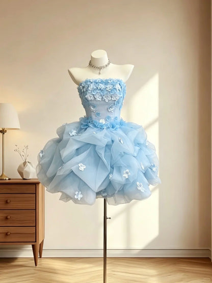 Élégante Robe de Bal bustier avec Fleurs 3D Sans Manches Bleue Mini Inspo Senior Robes Courtes de Rentrée RB3067