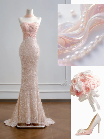 Robe de bal longue à sequins rose champagne, décolleté cœur, style sirène scintillante - Tenue de soirée idéale pour un 18e anniversaire - N386
