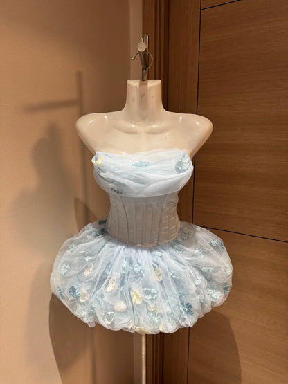 Jolie robe de bal bustier bleu ciel clair à fleurs pour la soirée de Rio, inspirations de robes Hoco pour le bal de promo RB4037