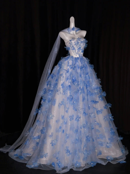 Ball Gown Strapless Blue Sleeveless With Applique Women's Dress Long Quinceanera Dresses Sweet 16 Birthday Quince Dress N1162