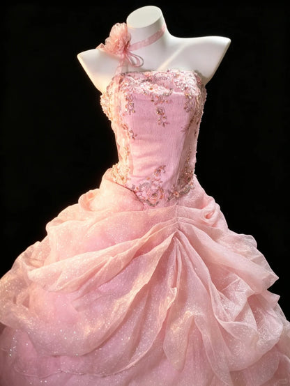 Robe De Bal Élégante, Asymétrique, Rose, Pailletée, À Volants, Pour Anniversaire 16 Ans, Robe De Quinceanera, Longue, Pour Fête, 15 Ans, Vestidos De Fiesta N4205