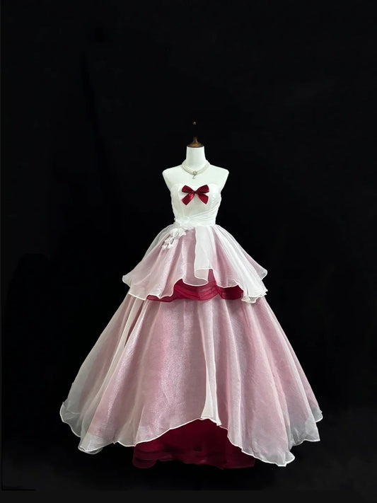 White Sweet 16 Dresses Long Ball Gown Strapless Burgundy With Ruffled Sweet Sixteen Birthday Gown RC0228