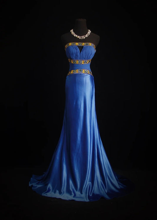Princess Mermaid Strapless Royal Blue Satin With Beading 18th Birthday Dress Evening Prom Formal Dresses RB3269