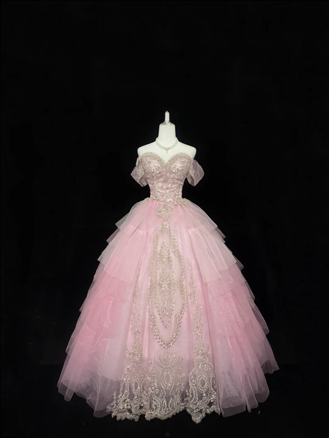 Sweet 15 Quinceanera Dress Ball Gown Off Shoulder Pink With Gold Lace Sleeves Long 15th Birthday Gown RC0318
