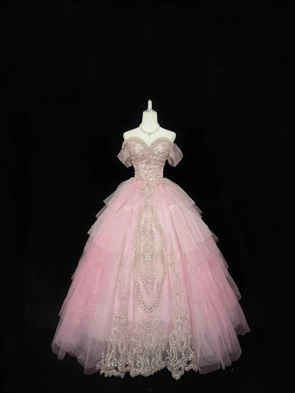 Sweet 15 Quinceanera Dress Ball Gown Off Shoulder Pink With Gold Lace Sleeves Long 15th Birthday Gown RC0318
