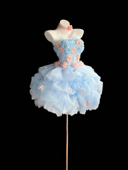 Cute Ball Gown Strapless Light Sky Blue With 3D Flowers Short Mini High School Ideas Homecoming Dress Inspo Birthday Dresses Senior Graduation Outfits RB7216