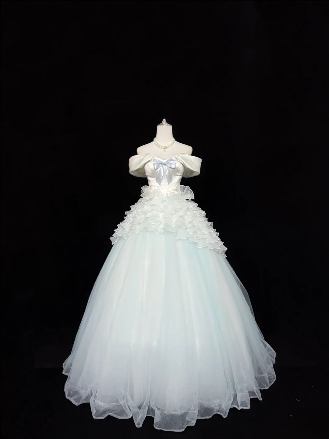 Tulle Prom Dress Long Floor Length Ball Gown Off Shoulder With Bow-knot Formal Evening Gown For Women RC0246