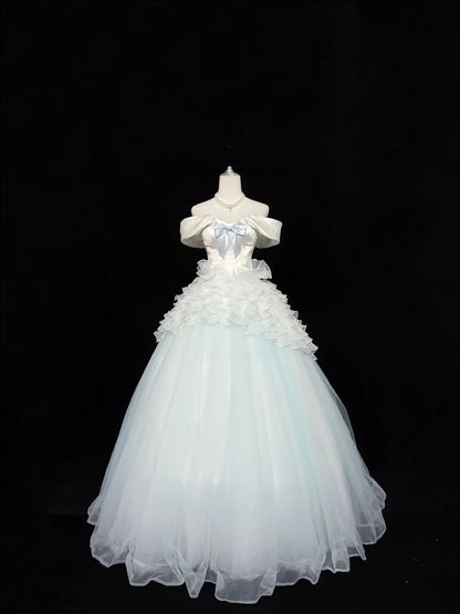 Tulle Prom Dress Long Floor Length Ball Gown Off Shoulder With Bow-knot Formal Evening Gown For Women RC0246