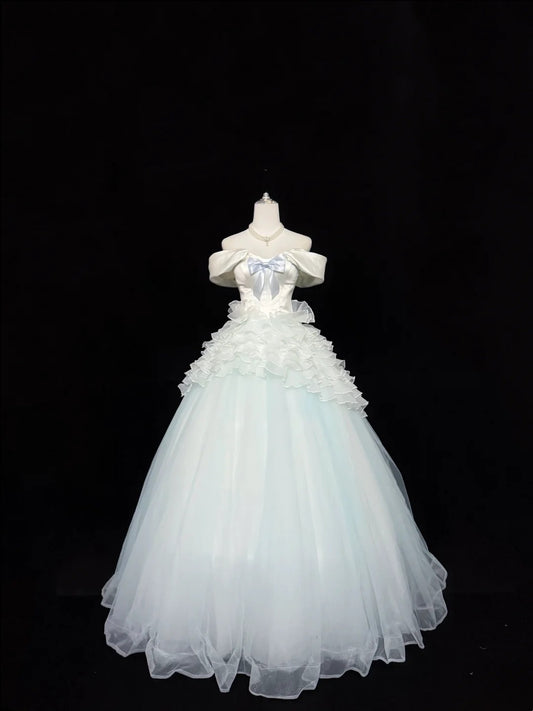 Tulle Prom Dress Long Floor Length Ball Gown Off Shoulder With Bow-knot Formal Evening Gown For Women RC0246