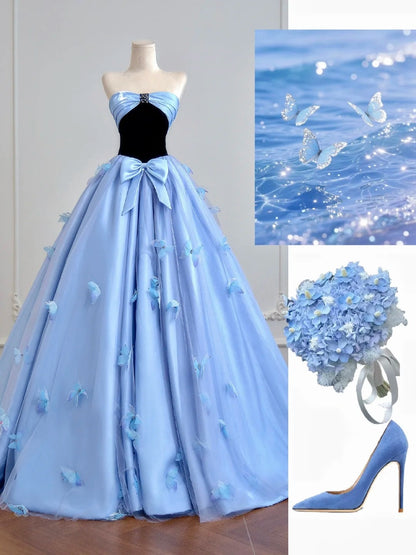 Robe de bal intemporelle bustier en satin bleu avec nœud papillon - Inspiration robes de soirée N308